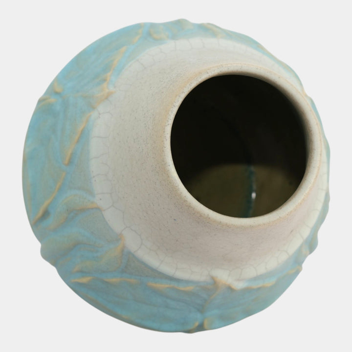 Van Briggle 1904 Vintage Arts And Crafts Pottery Blue Banded Leaves Vase 239 - Just Art Pottery