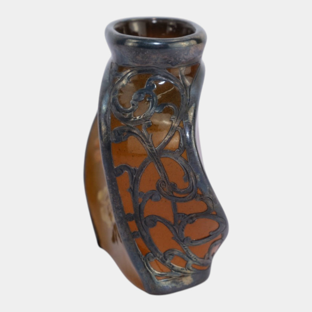 Owens Utopian Silver Overlay Early 1900s Art Pottery Pansy Twist Cabinet Vase