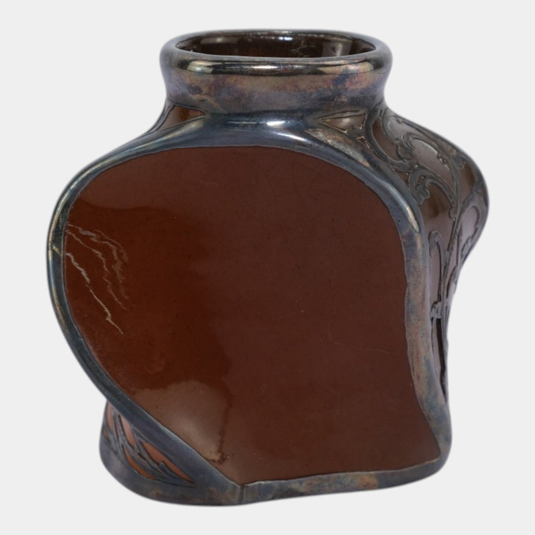 Owens Utopian Silver Overlay Early 1900s Art Pottery Pansy Twist Cabinet Vase