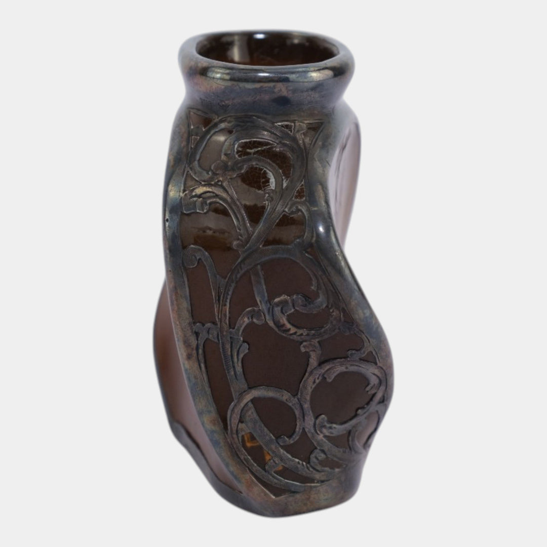Owens Utopian Silver Overlay Early 1900s Art Pottery Pansy Twist Cabinet Vase