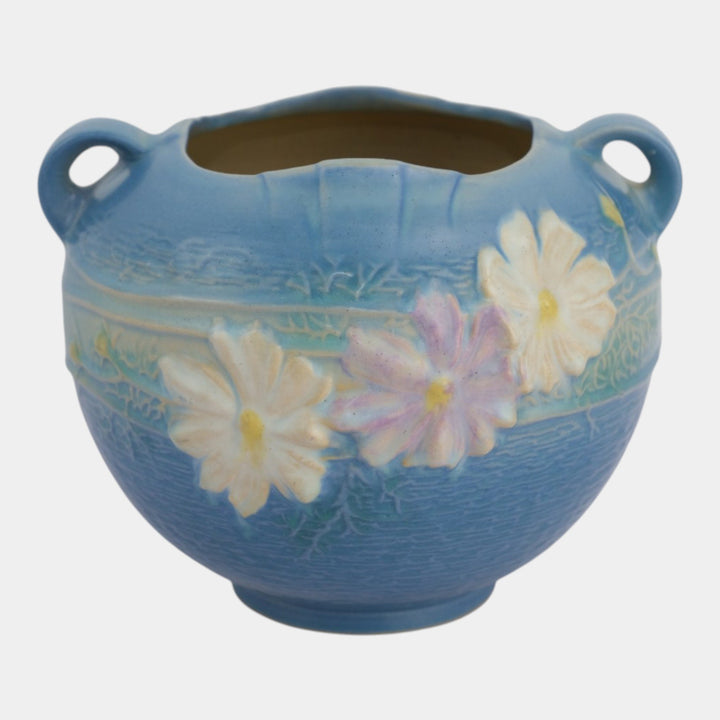 Roseville Cosmos Blue 1939 Vintage Art Pottery Ceramic Handled Bowl Vase 376-6 - Just Art Pottery