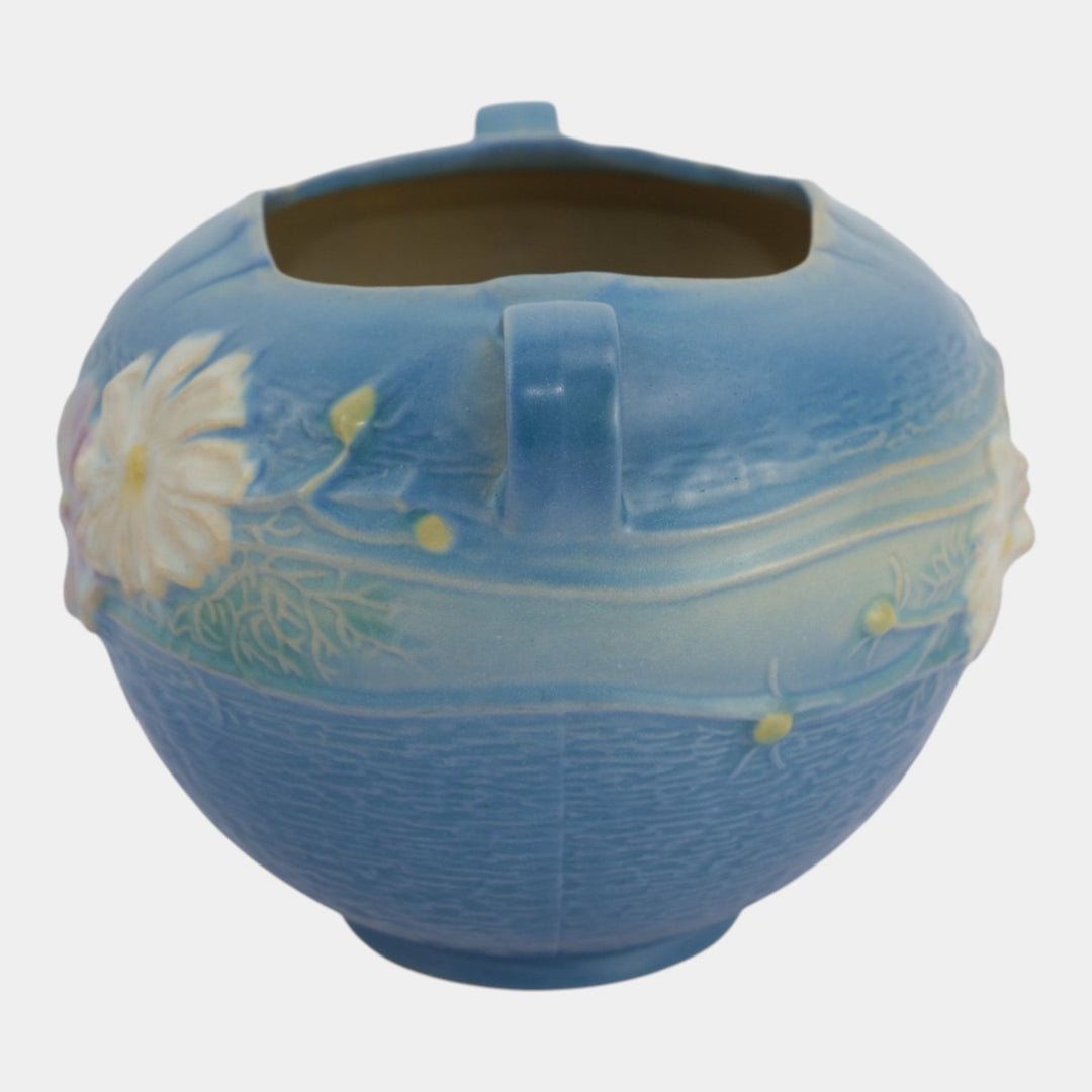 Roseville Cosmos Blue 1939 Vintage Art Pottery Ceramic Handled Bowl Vase 376-6 - Just Art Pottery