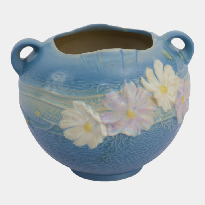Roseville Cosmos Blue 1939 Vintage Art Pottery Ceramic Handled Bowl Vase 376-6 - Just Art Pottery