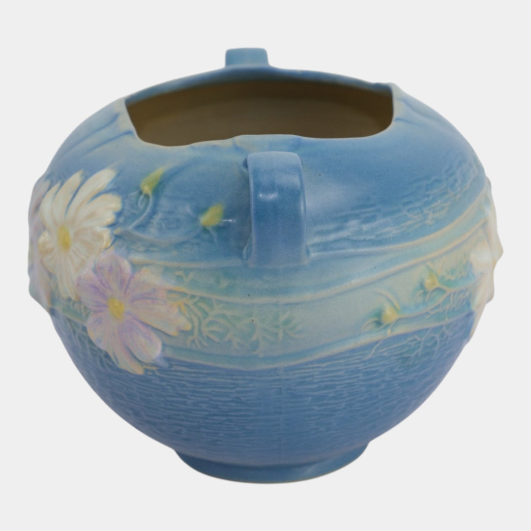 Roseville Cosmos Blue 1939 Vintage Art Pottery Ceramic Handled Bowl Vase 376-6 - Just Art Pottery