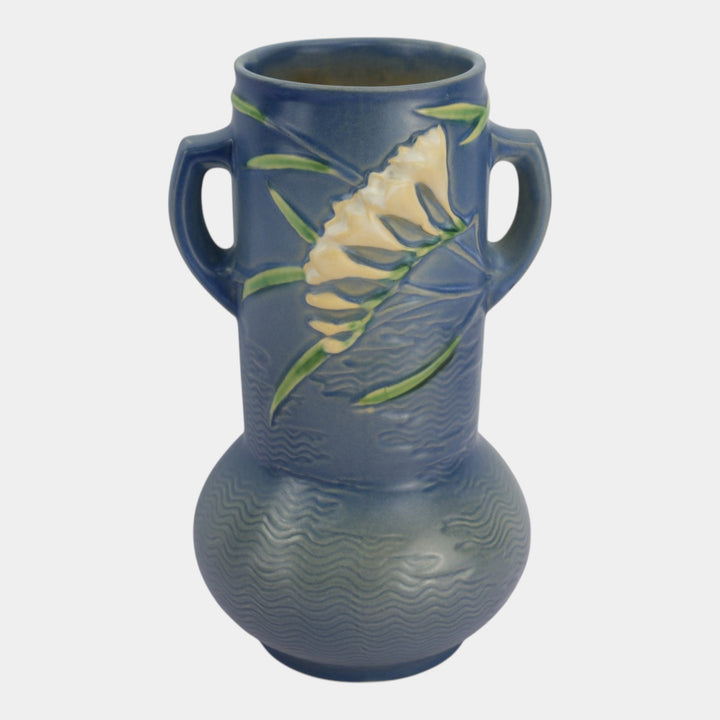 Roseville Freesia Blue 1945 Vintage Mid Century Modern Ceramic Vase 126-10 - Just Art Pottery
