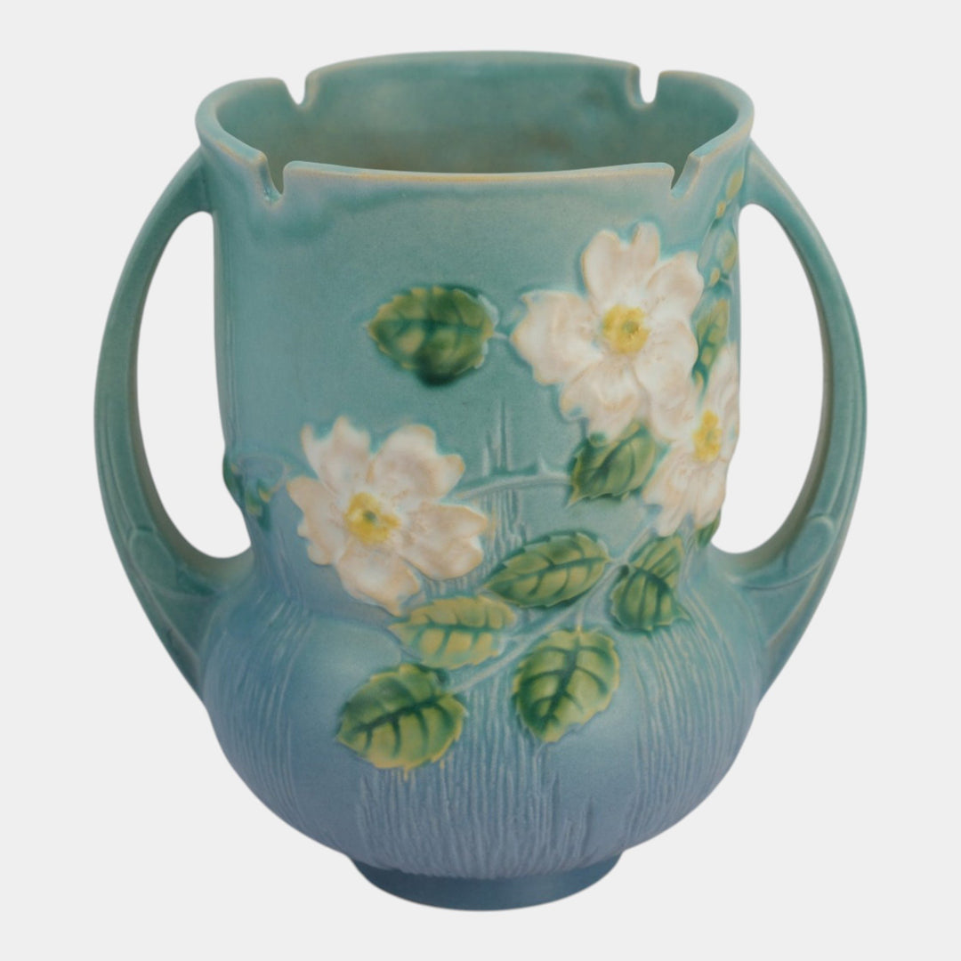 Roseville White Rose Blue 1940 Mid Century Modern Ceramic Vase 985-8 - Just Art Pottery