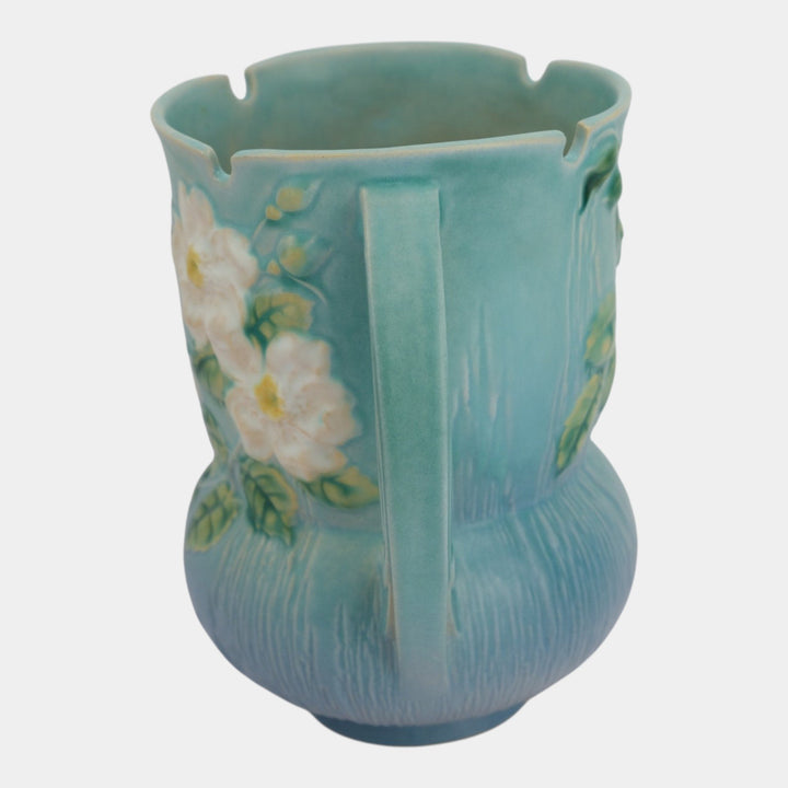 Roseville White Rose Blue 1940 Mid Century Modern Ceramic Vase 985-8 - Just Art Pottery