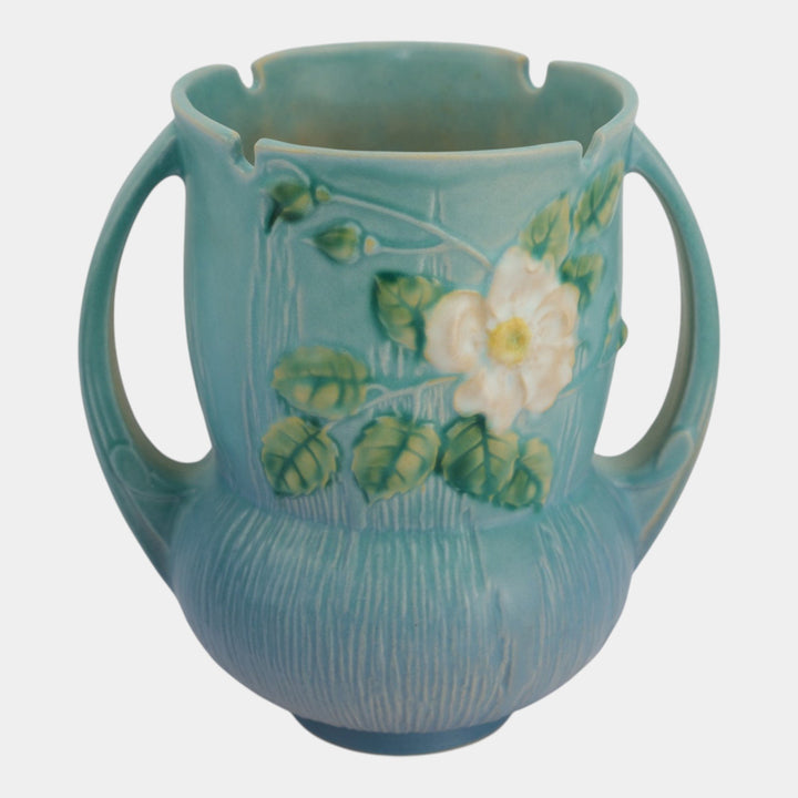 Roseville White Rose Blue 1940 Mid Century Modern Ceramic Vase 985-8 - Just Art Pottery