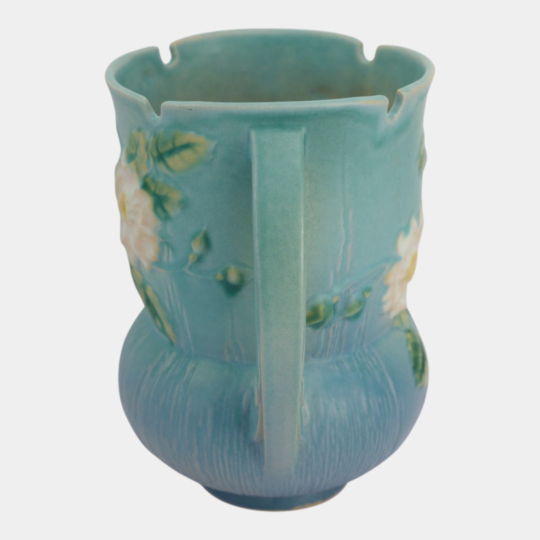 Roseville White Rose Blue 1940 Mid Century Modern Ceramic Vase 985-8 - Just Art Pottery