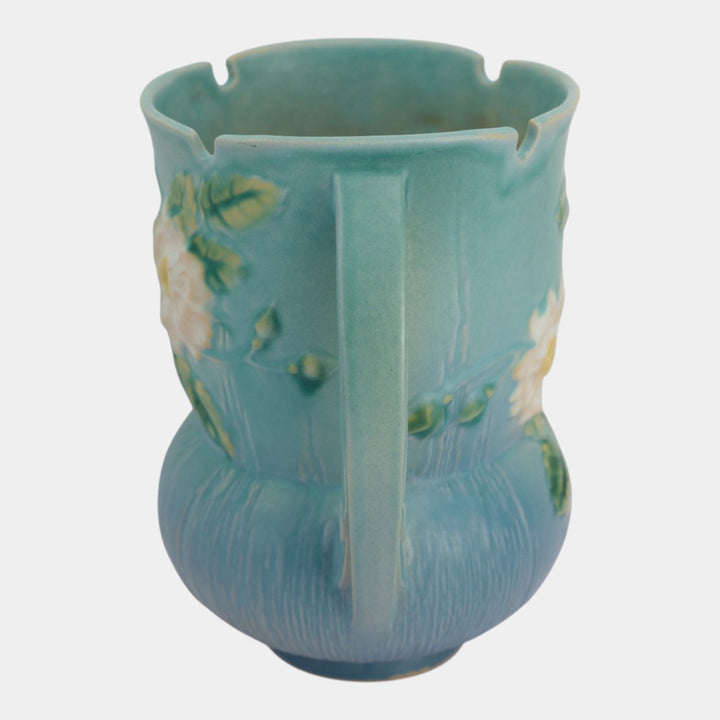 Roseville White Rose Blue 1940 Mid Century Modern Ceramic Vase 985-8 - Just Art Pottery