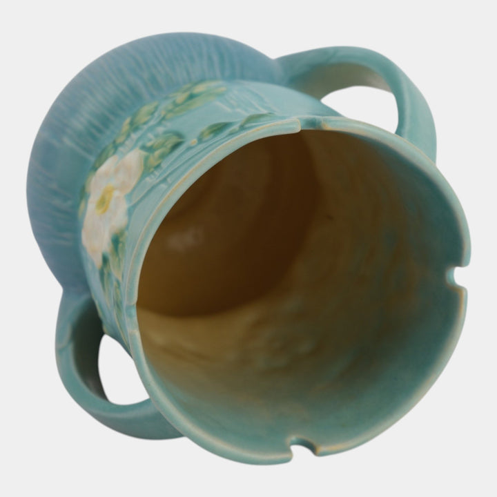Roseville White Rose Blue 1940 Mid Century Modern Ceramic Vase 985-8 - Just Art Pottery