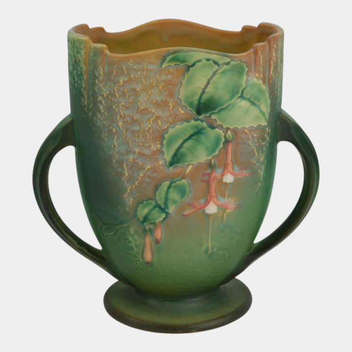 Roseville Fuchsia Green 1938 Vintage Art Pottery Handled Pillow Vase 896-8 - Just Art Pottery