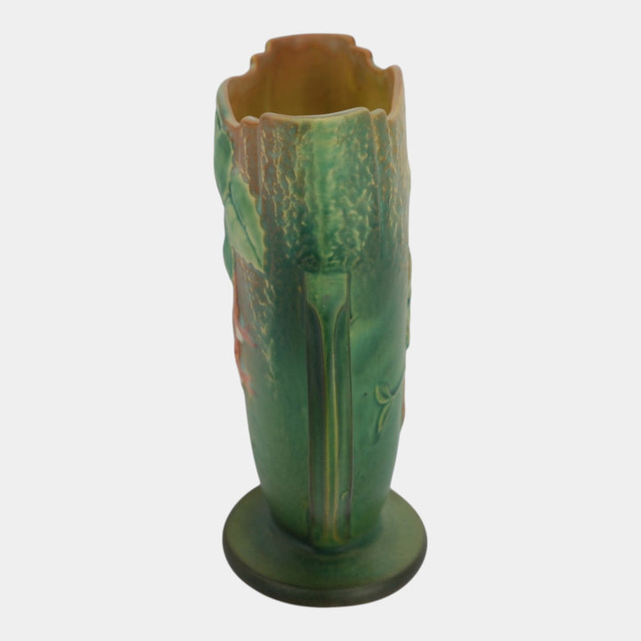 Roseville Fuchsia Green 1938 Vintage Art Pottery Handled Pillow Vase 896-8 - Just Art Pottery