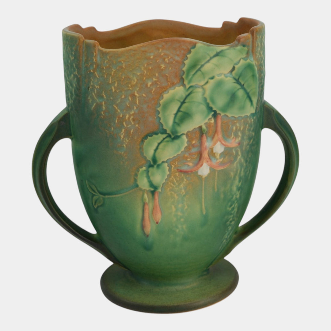 Roseville Fuchsia Green 1938 Vintage Art Pottery Handled Pillow Vase 896-8 - Just Art Pottery