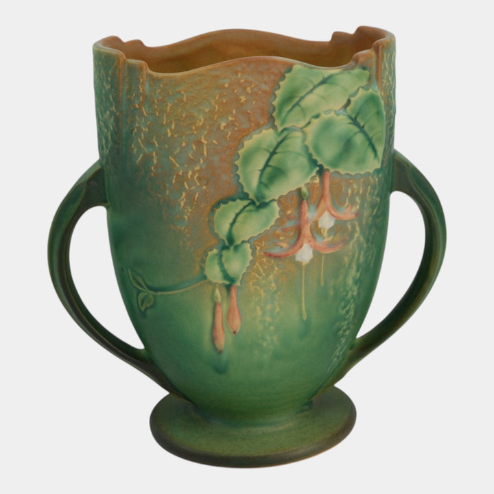 Roseville Fuchsia Green 1938 Vintage Art Pottery Handled Pillow Vase 896-8 - Just Art Pottery