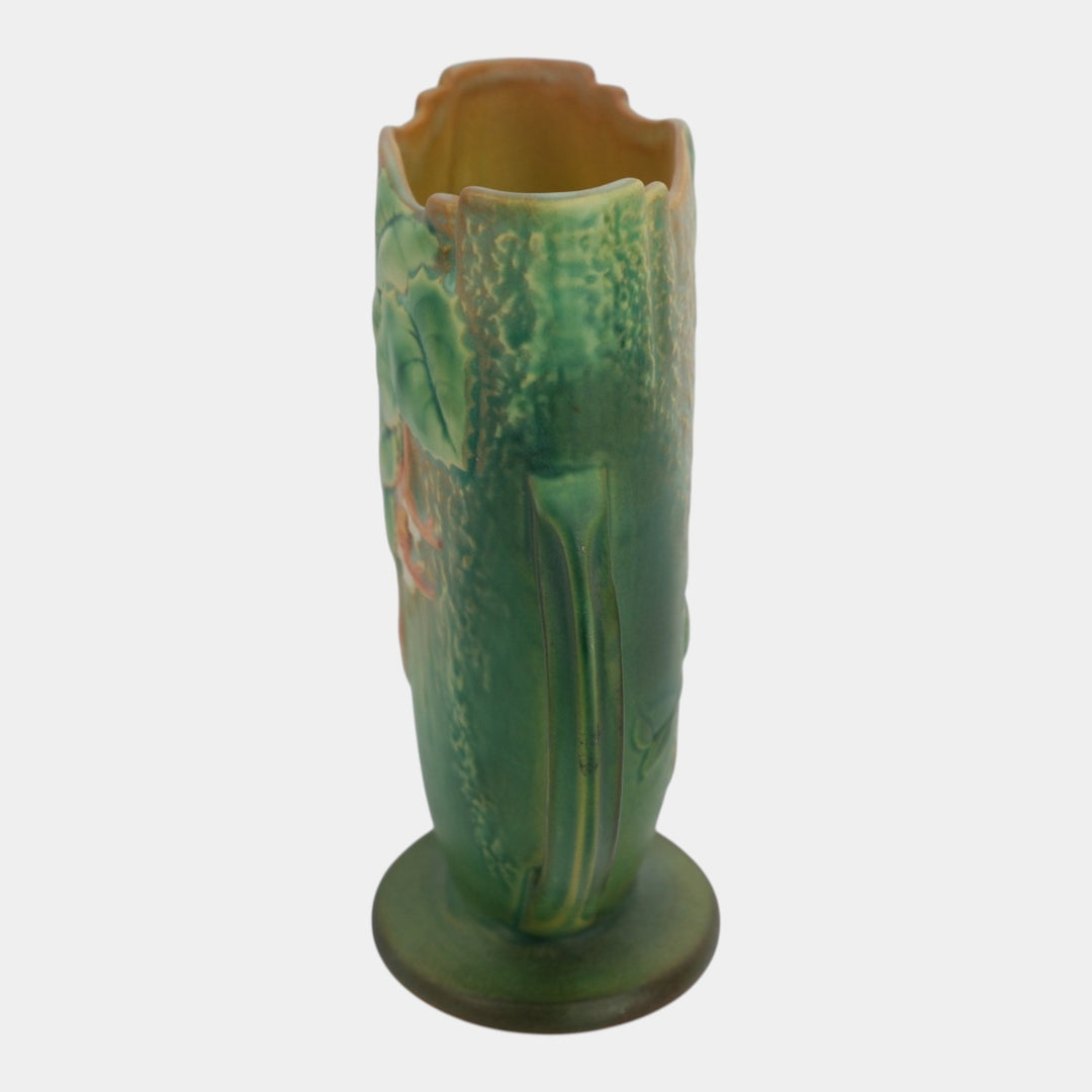 Roseville Fuchsia Green 1938 Vintage Art Pottery Handled Pillow Vase 896-8 - Just Art Pottery