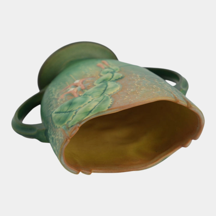 Roseville Fuchsia Green 1938 Vintage Art Pottery Handled Pillow Vase 896-8 - Just Art Pottery