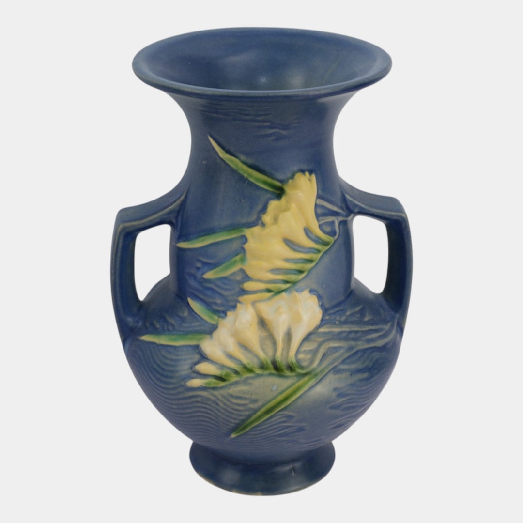 Roseville Freesia Blue 1945 Vintage Art Pottery Handled Ceramic Vase 122-8 - Just Art Pottery