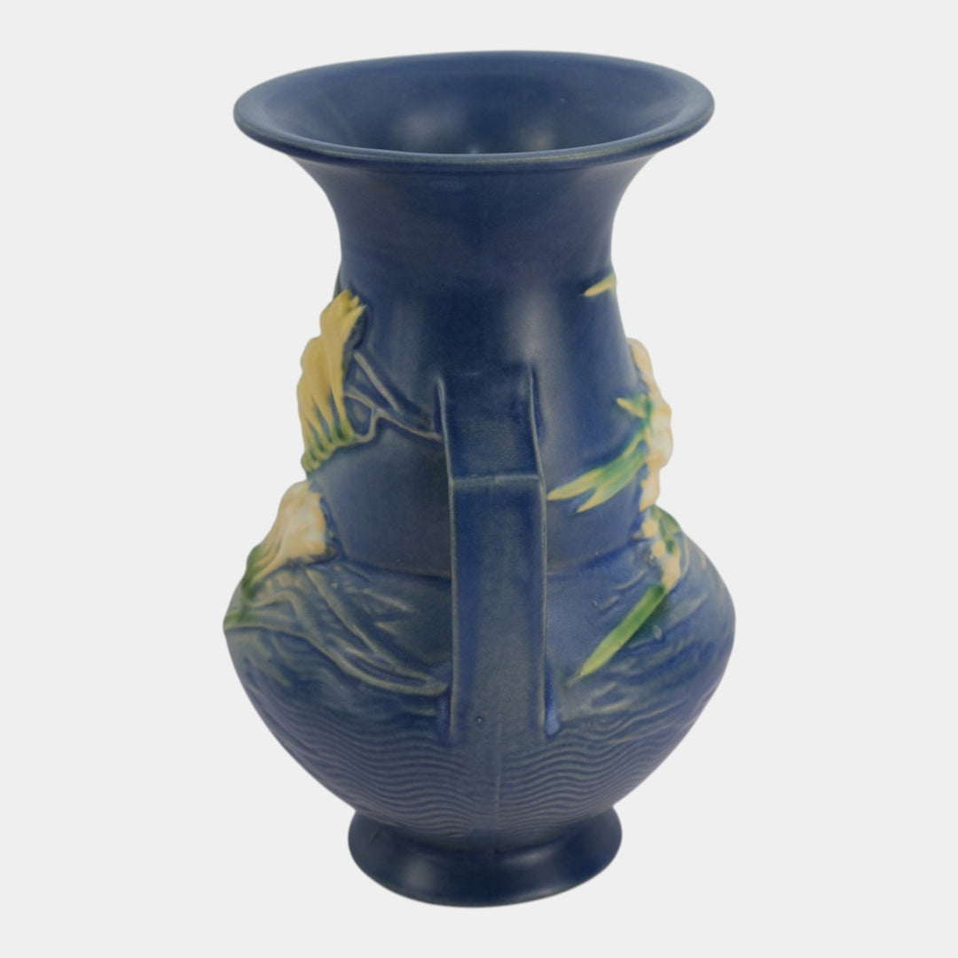 Roseville Freesia Blue 1945 Vintage Art Pottery Handled Ceramic Vase 122-8 - Just Art Pottery