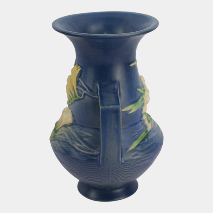 Roseville Freesia Blue 1945 Vintage Art Pottery Handled Ceramic Vase 122-8 - Just Art Pottery