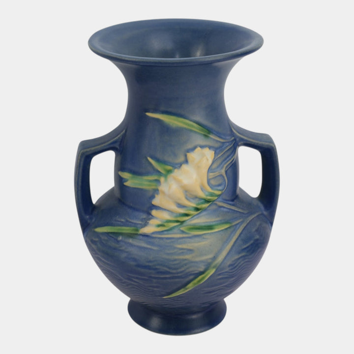 Roseville Freesia Blue 1945 Vintage Art Pottery Handled Ceramic Vase 122-8 - Just Art Pottery