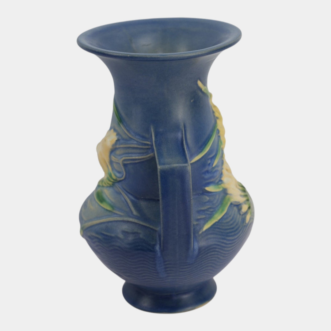 Roseville Freesia Blue 1945 Vintage Art Pottery Handled Ceramic Vase 122-8 - Just Art Pottery