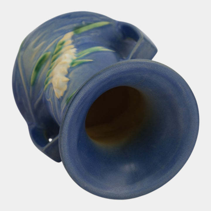 Roseville Freesia Blue 1945 Vintage Art Pottery Handled Ceramic Vase 122-8 - Just Art Pottery