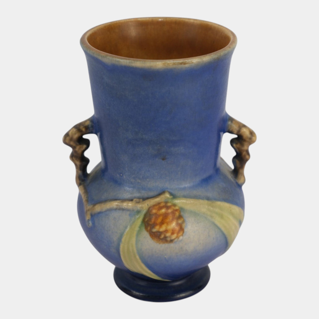 Roseville Pine Cone Blue 1940 Vintage Art Pottery Handled Ceramic Vase 839-6 - Just Art Pottery