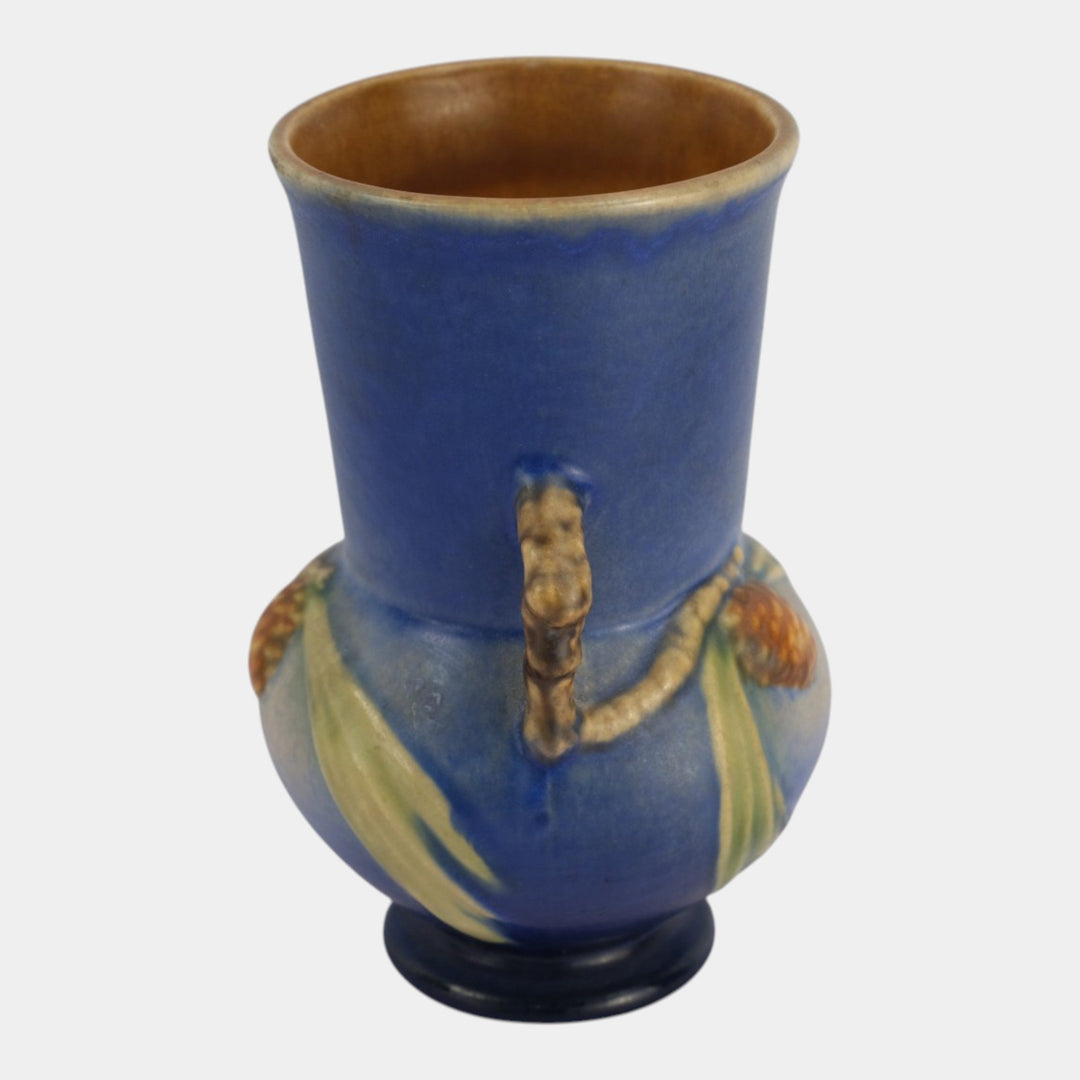 Roseville Pine Cone Blue 1940 Vintage Art Pottery Handled Ceramic Vase 839-6 - Just Art Pottery