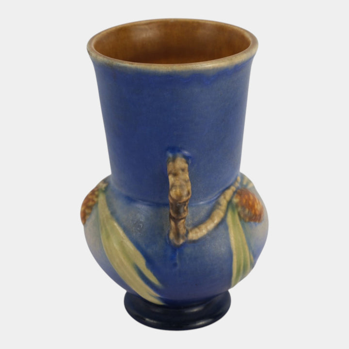 Roseville Pine Cone Blue 1940 Vintage Art Pottery Handled Ceramic Vase 839-6 - Just Art Pottery
