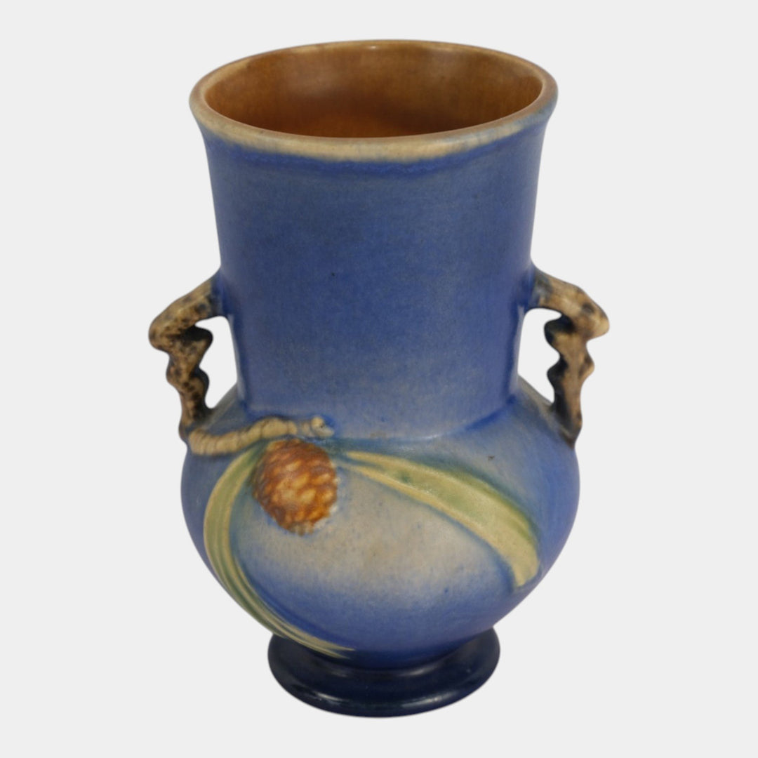 Roseville Pine Cone Blue 1940 Vintage Art Pottery Handled Ceramic Vase 839-6 - Just Art Pottery