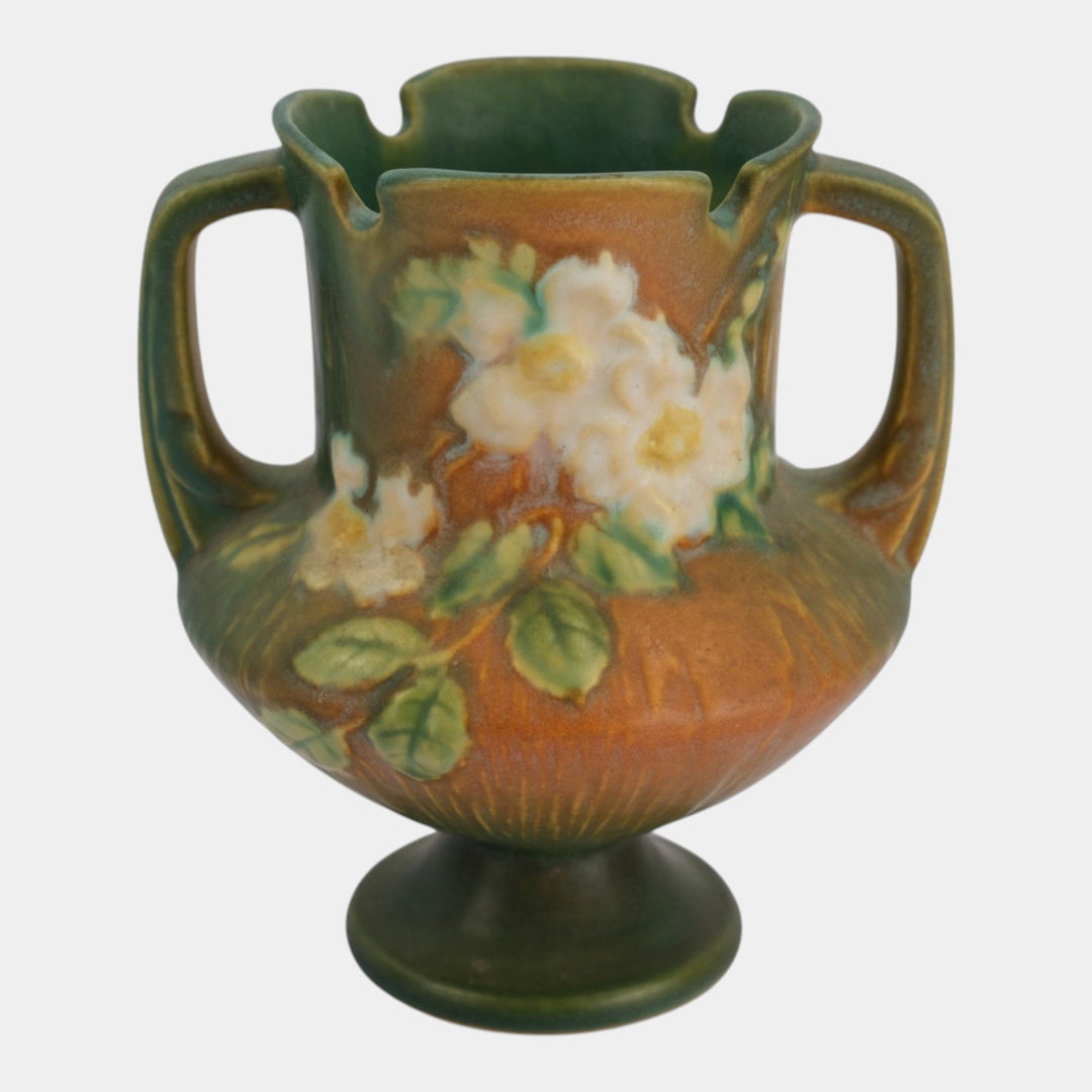 Roseville White Rose Brown Green 1940 Vintage Art Deco Pottery Vase 146-6 - Just Art Pottery