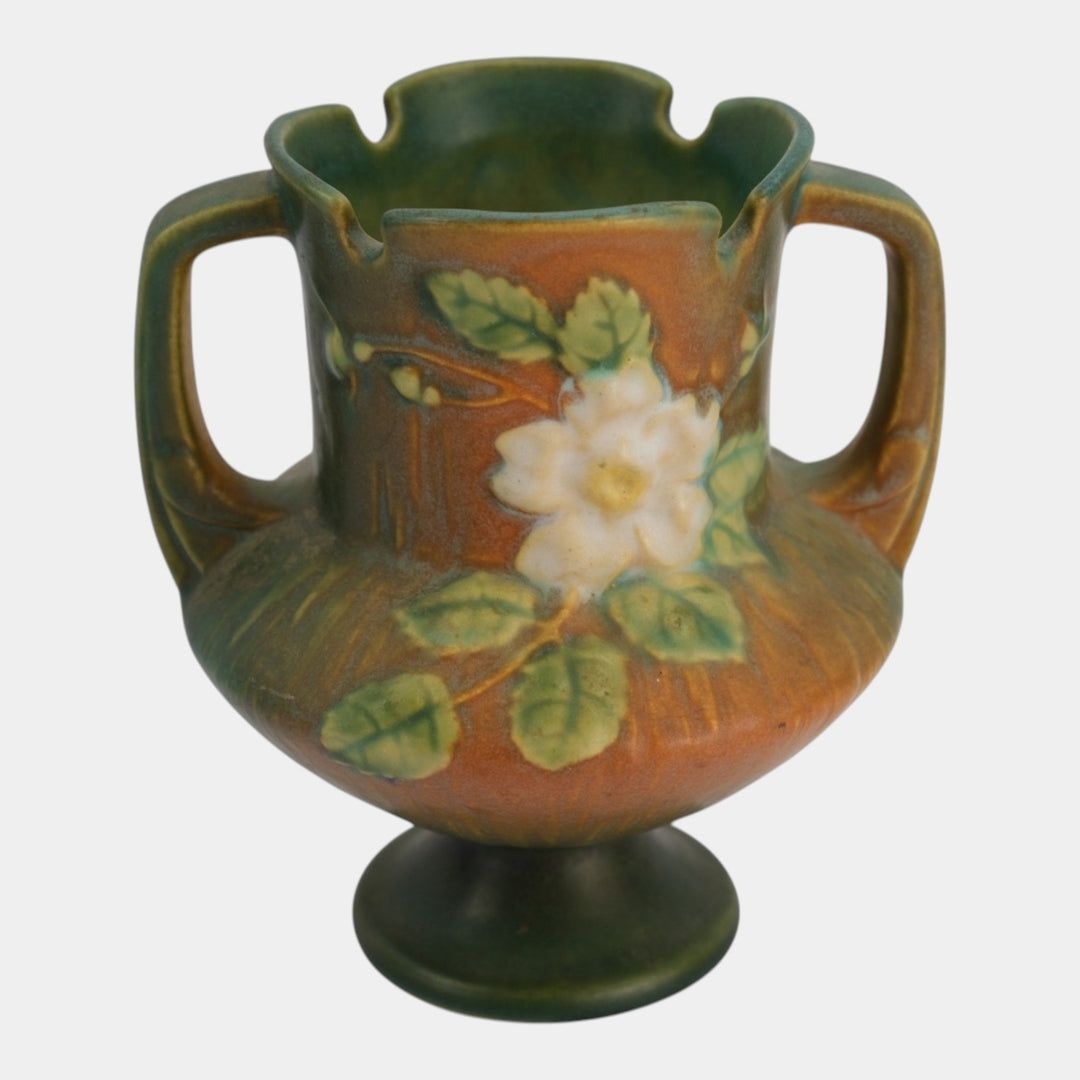 Roseville White Rose Brown Green 1940 Vintage Art Deco Pottery Vase 146-6 - Just Art Pottery