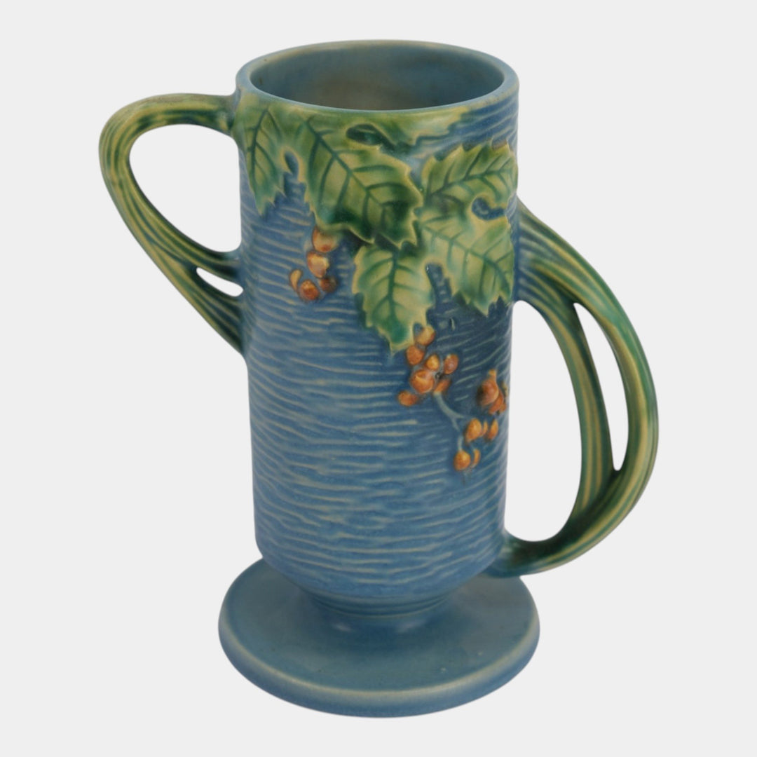 Roseville Bushberry Blue 1941 Vintage Art Pottery Handled Ceramic Vase 32-7 - Just Art Pottery