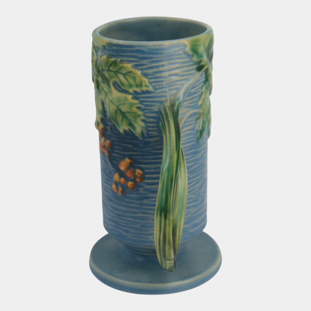 Roseville Bushberry Blue 1941 Vintage Art Pottery Handled Ceramic Vase 32-7 - Just Art Pottery