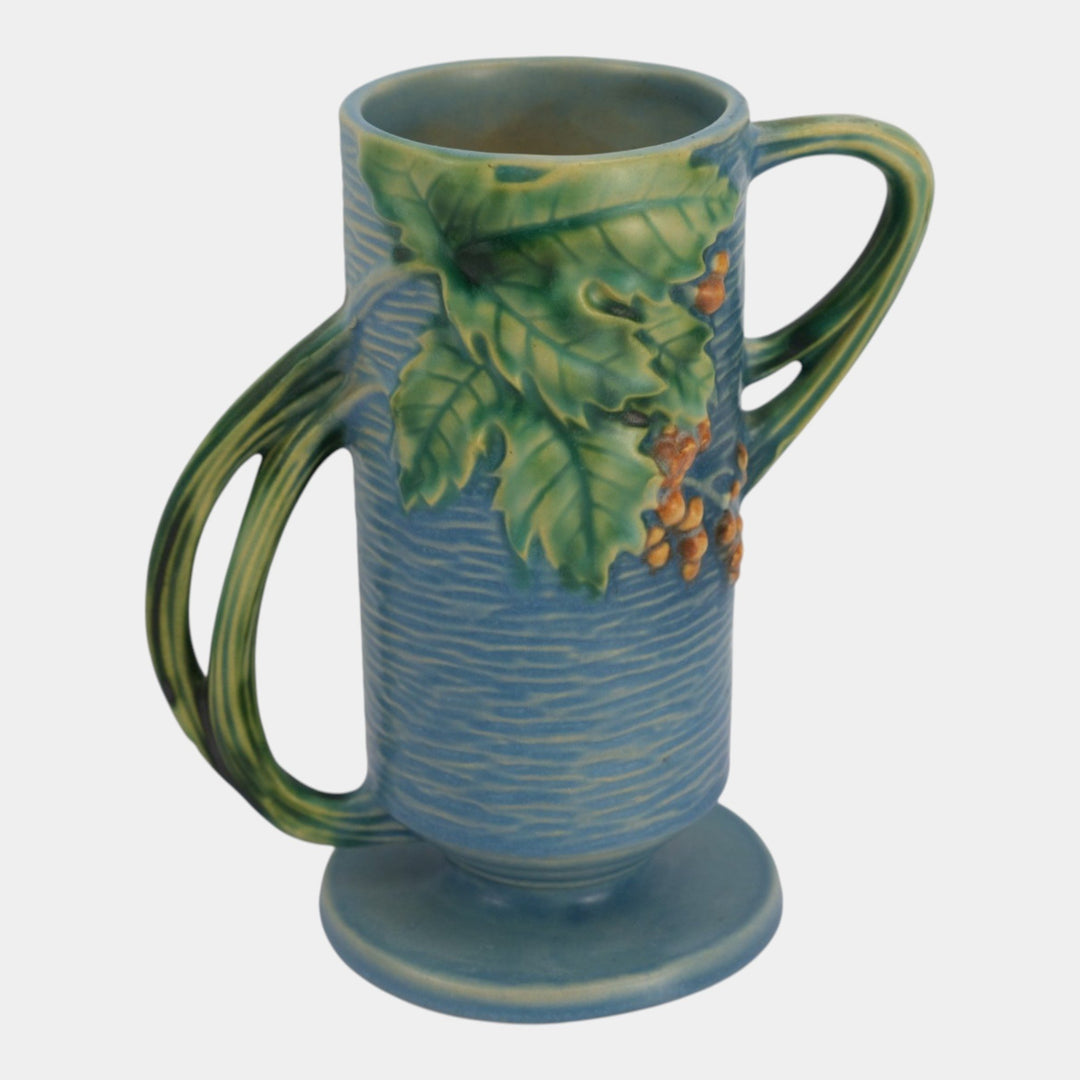 Roseville Bushberry Blue 1941 Vintage Art Pottery Handled Ceramic Vase 32-7 - Just Art Pottery