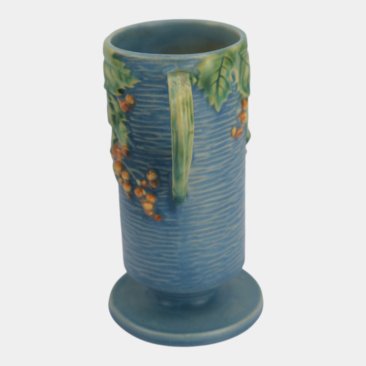 Roseville Bushberry Blue 1941 Vintage Art Pottery Handled Ceramic Vase 32-7 - Just Art Pottery