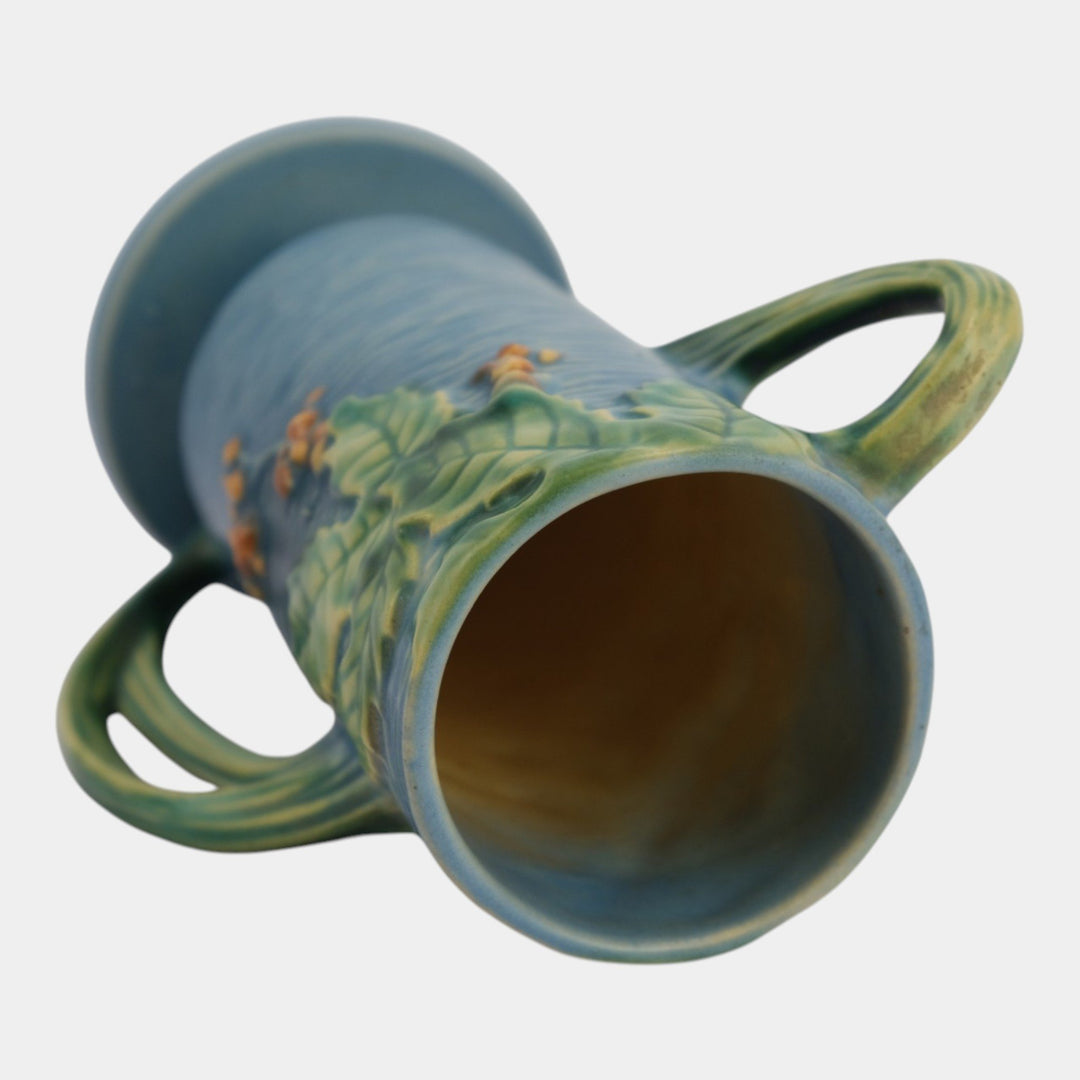 Roseville Bushberry Blue 1941 Vintage Art Pottery Handled Ceramic Vase 32-7 - Just Art Pottery
