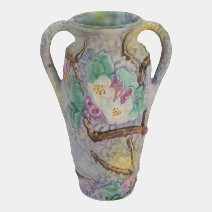 Weller Silvertone 1920s Vintage Art Pottery Floral Pastel Handled Ceramic Vase - Just Art Pottery