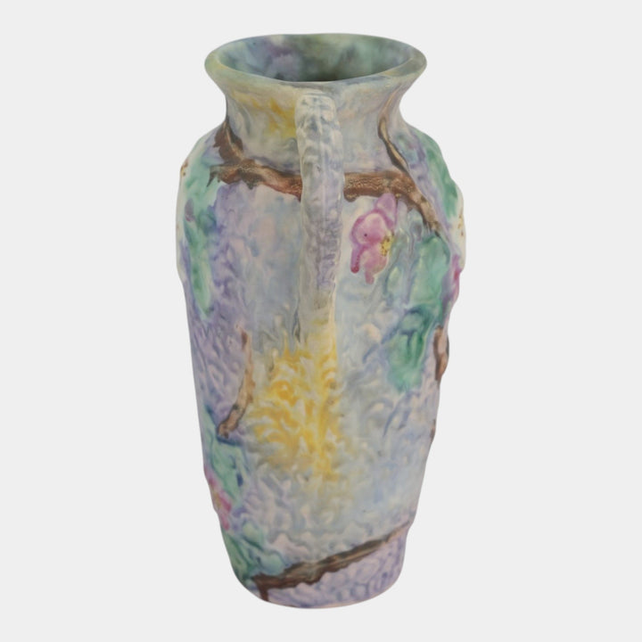 Weller Silvertone 1920s Vintage Art Pottery Floral Pastel Handled Ceramic Vase - Just Art Pottery
