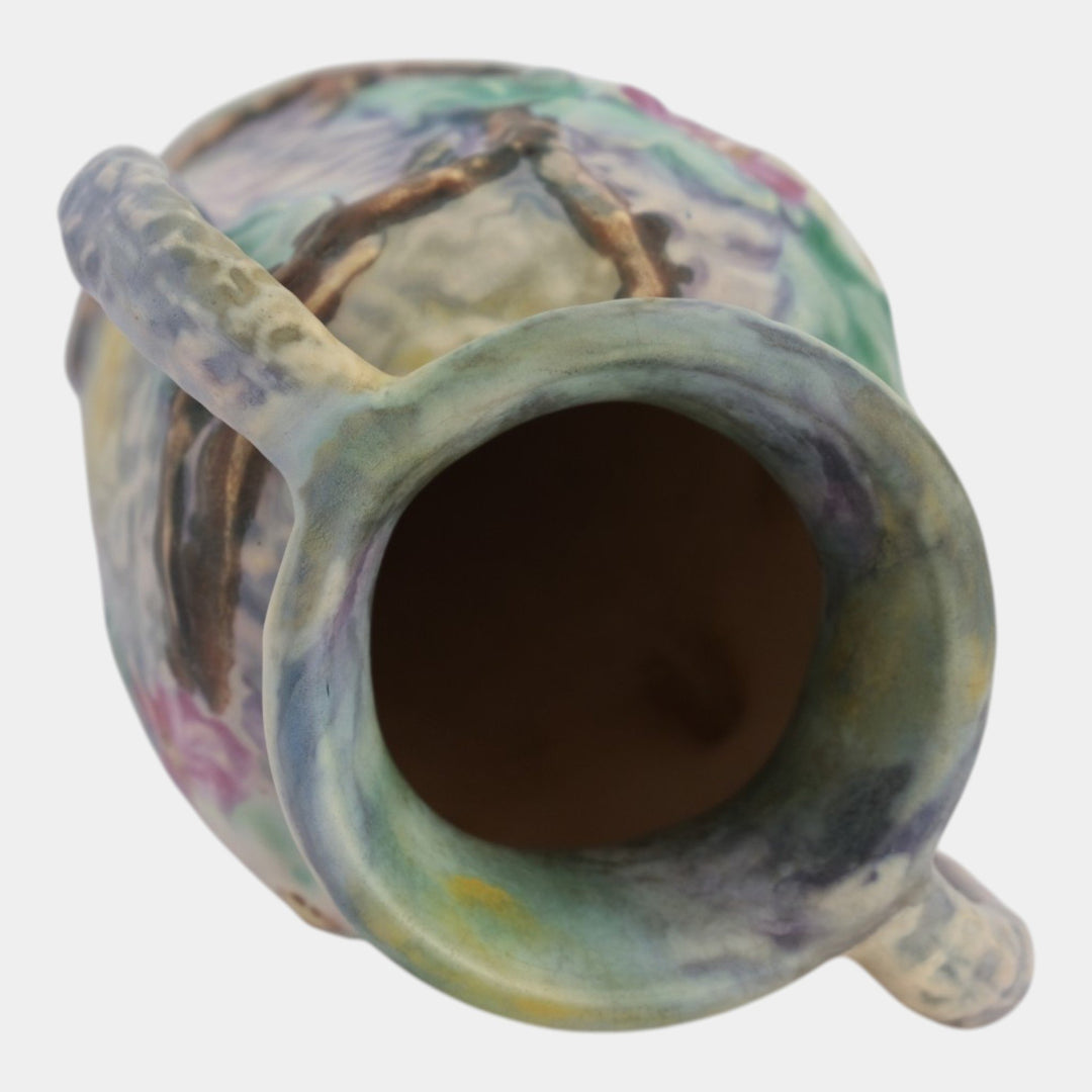 Weller Silvertone 1920s Vintage Art Pottery Floral Pastel Handled Ceramic Vase - Just Art Pottery