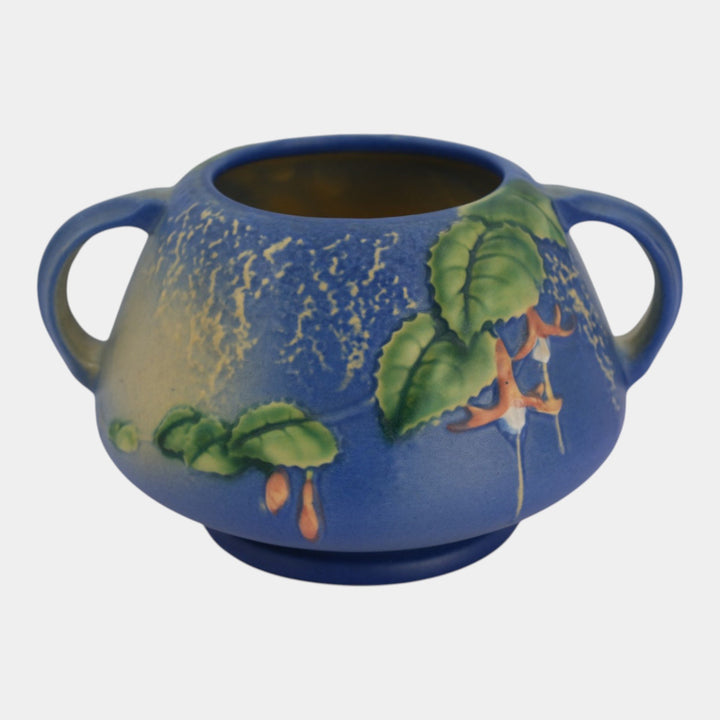 Roseville Fuchsia Blue 1938 Vintage Art Pottery Handled Ceramic Bowl Vase 346-4 - Just Art Pottery