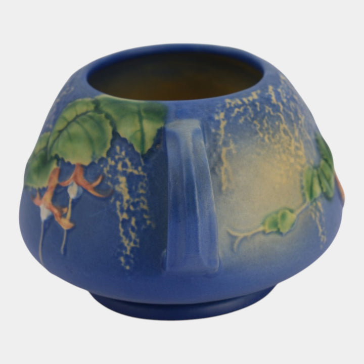 Roseville Fuchsia Blue 1938 Vintage Art Pottery Handled Ceramic Bowl Vase 346-4 - Just Art Pottery