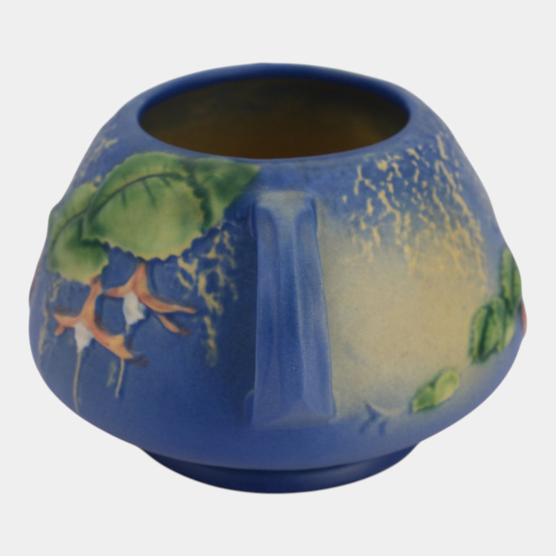Roseville Fuchsia Blue 1938 Vintage Art Pottery Handled Ceramic Bowl Vase 346-4 - Just Art Pottery