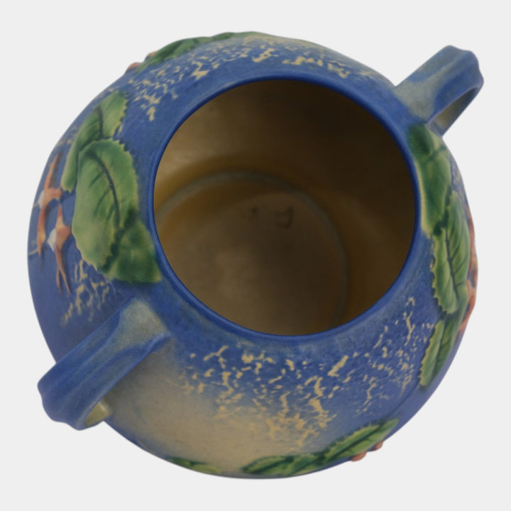 Roseville Fuchsia Blue 1938 Vintage Art Pottery Handled Ceramic Bowl Vase 346-4 - Just Art Pottery
