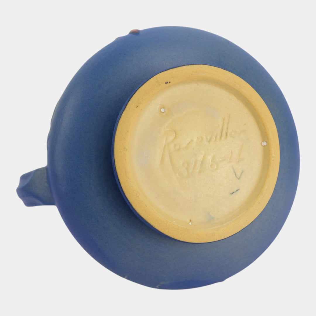 Roseville Fuchsia Blue 1938 Vintage Art Pottery Handled Ceramic Bowl Vase 346-4 - Just Art Pottery