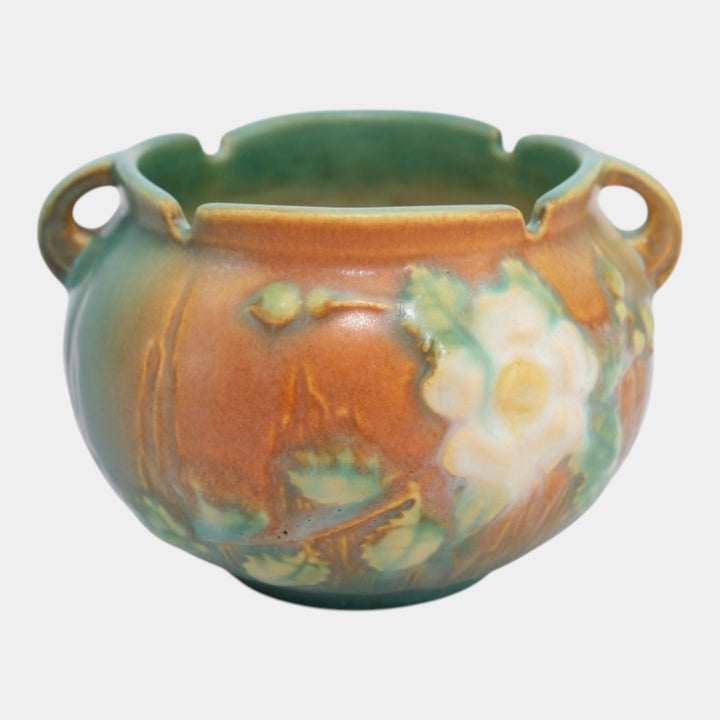 Roseville White Rose Brown 1940 Vintage Art Pottery Jardiniere Planter 653-3