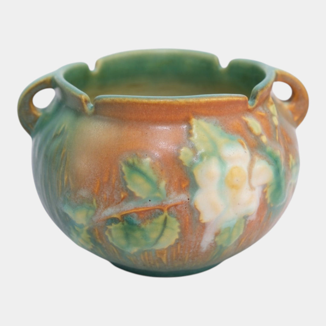 Roseville White Rose Brown 1940 Vintage Art Pottery Jardiniere Planter 653-3