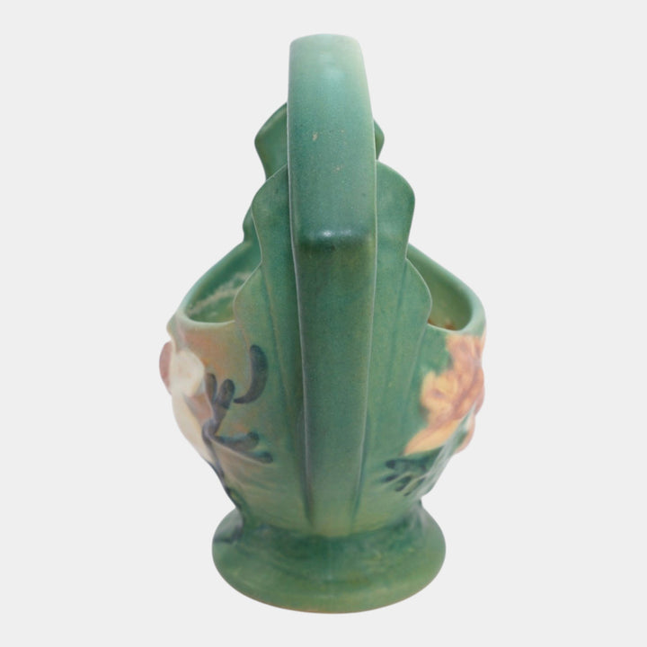 Roseville Magnolia Green 1943 Mid Century Modern Pottery Ceramic Basket 383-7