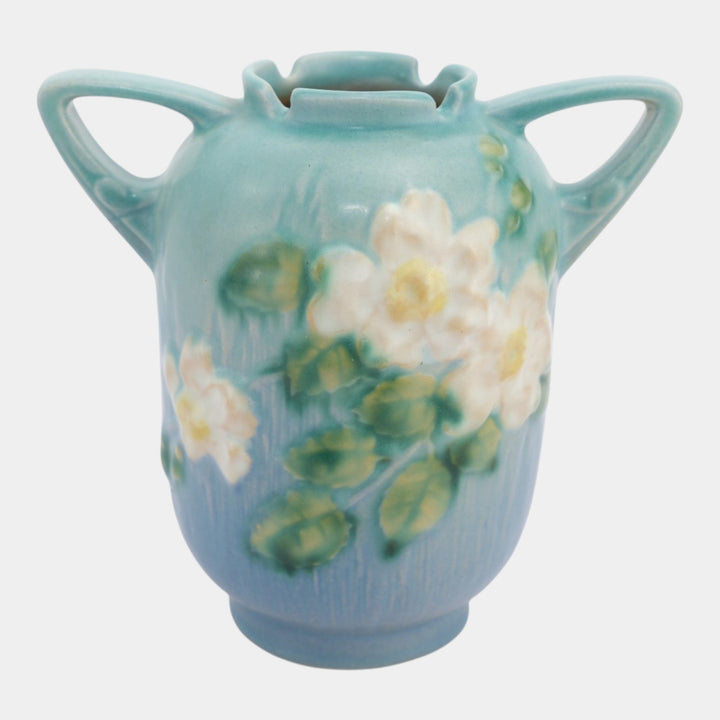 Roseville White Rose Blue 1940 Vintage Art Pottery Ceramic Vase 979-6